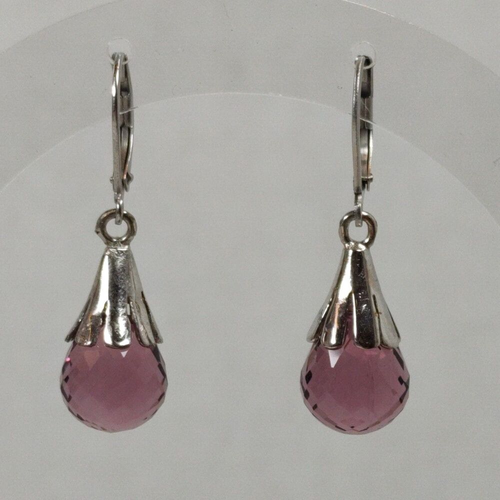 Silver Tone Metal Purple Pink Glass Faceted Stone Teardrop Drop Fashion Earrings - Picture 9 of 14
